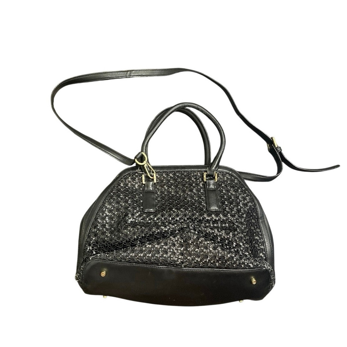 Tory Burch Logo Robinson Black Basket Woven Leather Satchel Tote Handbag Classic