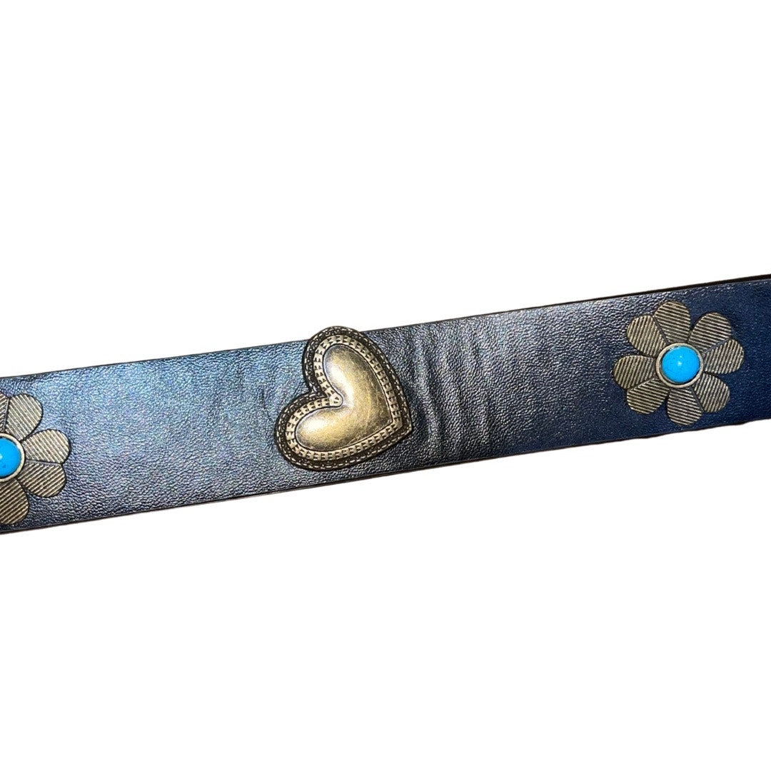 Western Style Faux Leather Belt Turquoise Accents Heart Buckle Cowgirl Rodeo NWT