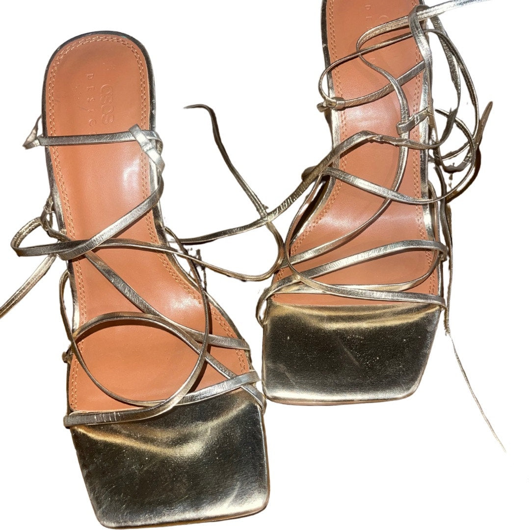 ASOS Design Wide Fit Native Strappy Heeled Sandals Gold Size 9 Prom Wedding
