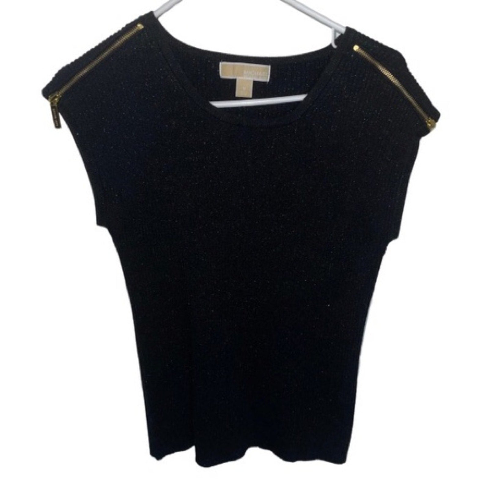 Michael Kors Black Shimmer Knit Sweater Short Sleeve zip shoulder Size Medium
