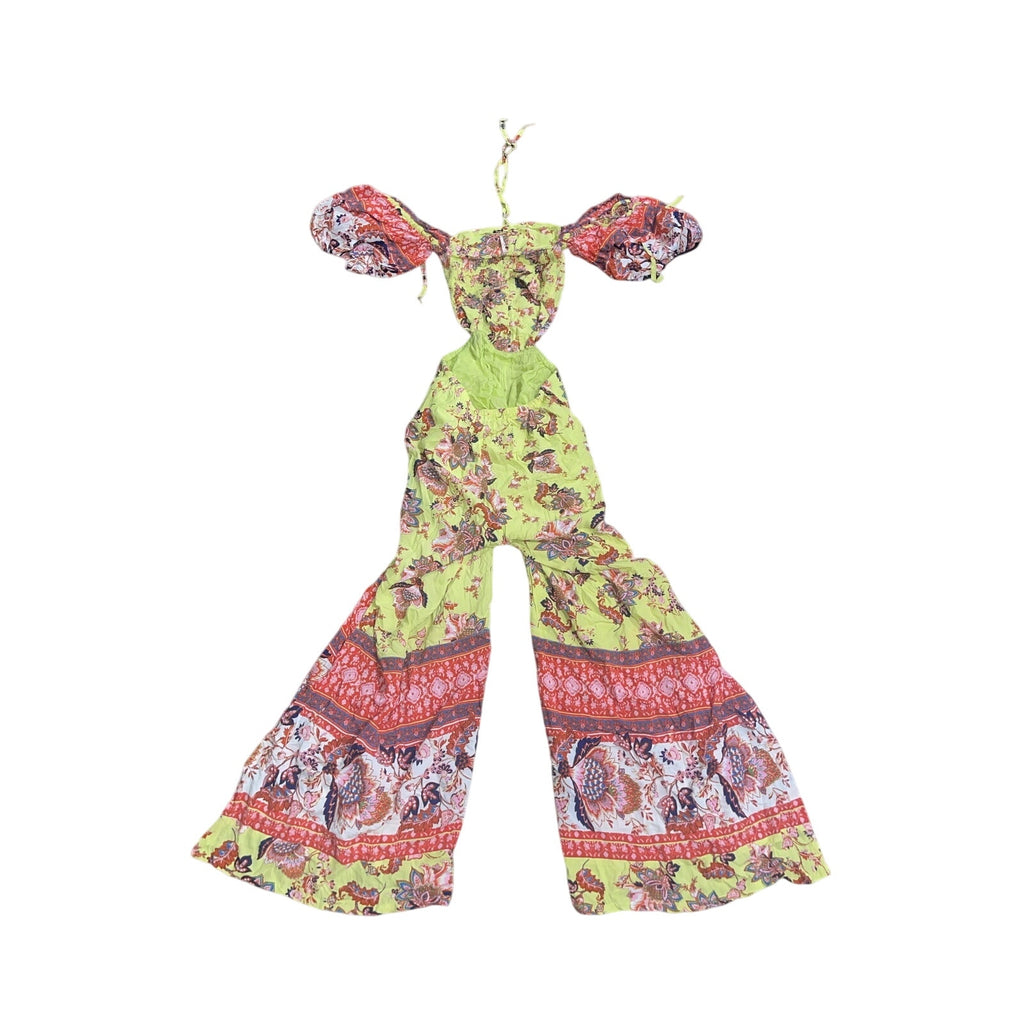 Free People Bali Citrus Skies One Piece Jumpsuit Floral XS Wide Leg Pockets Smoked