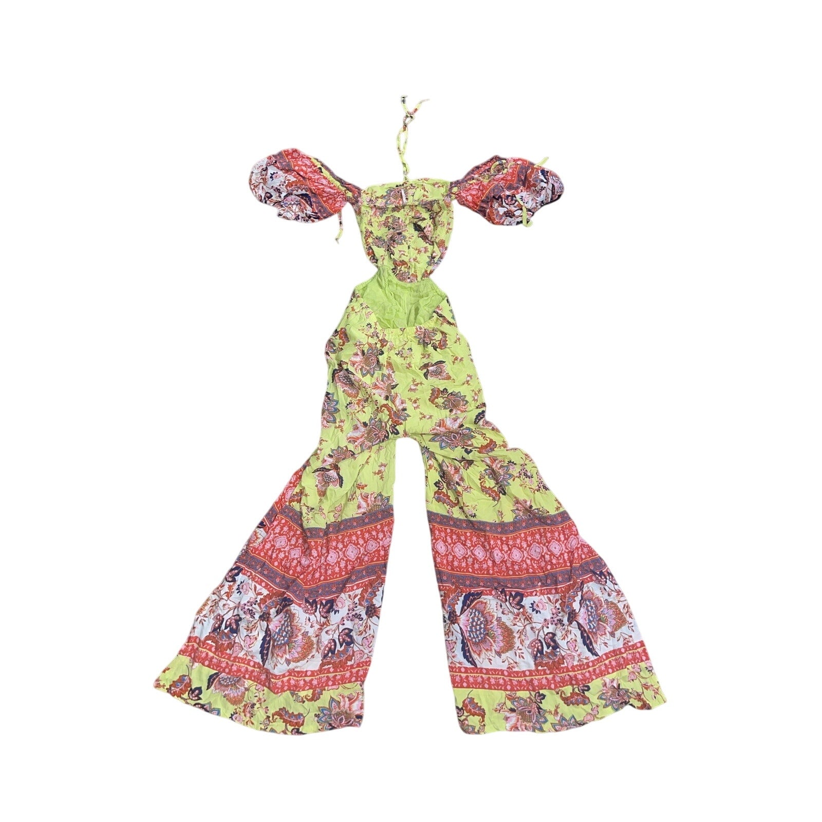 Free People Bali Citrus Skies One Piece Jumpsuit Floral XS Wide Leg Pockets Smoked