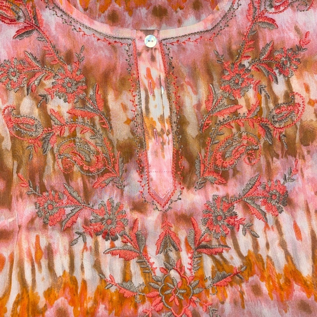 Sundance Women's 100% Silk Blouse Orange Pink Tie-Dye Boho Top Size PL