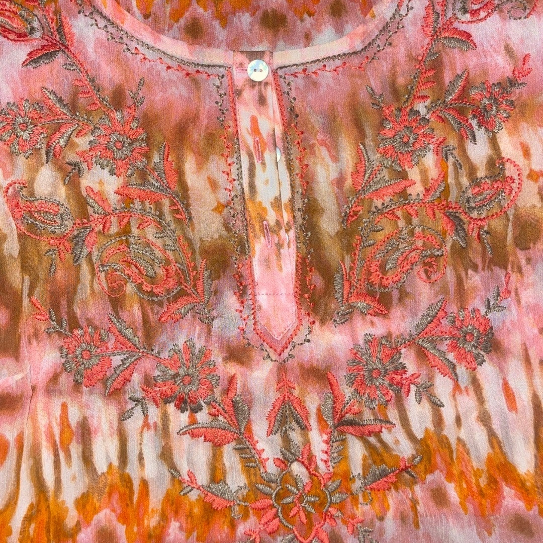 Sundance Women's 100% Silk Blouse Orange Pink Tie-Dye Boho Top Size PL