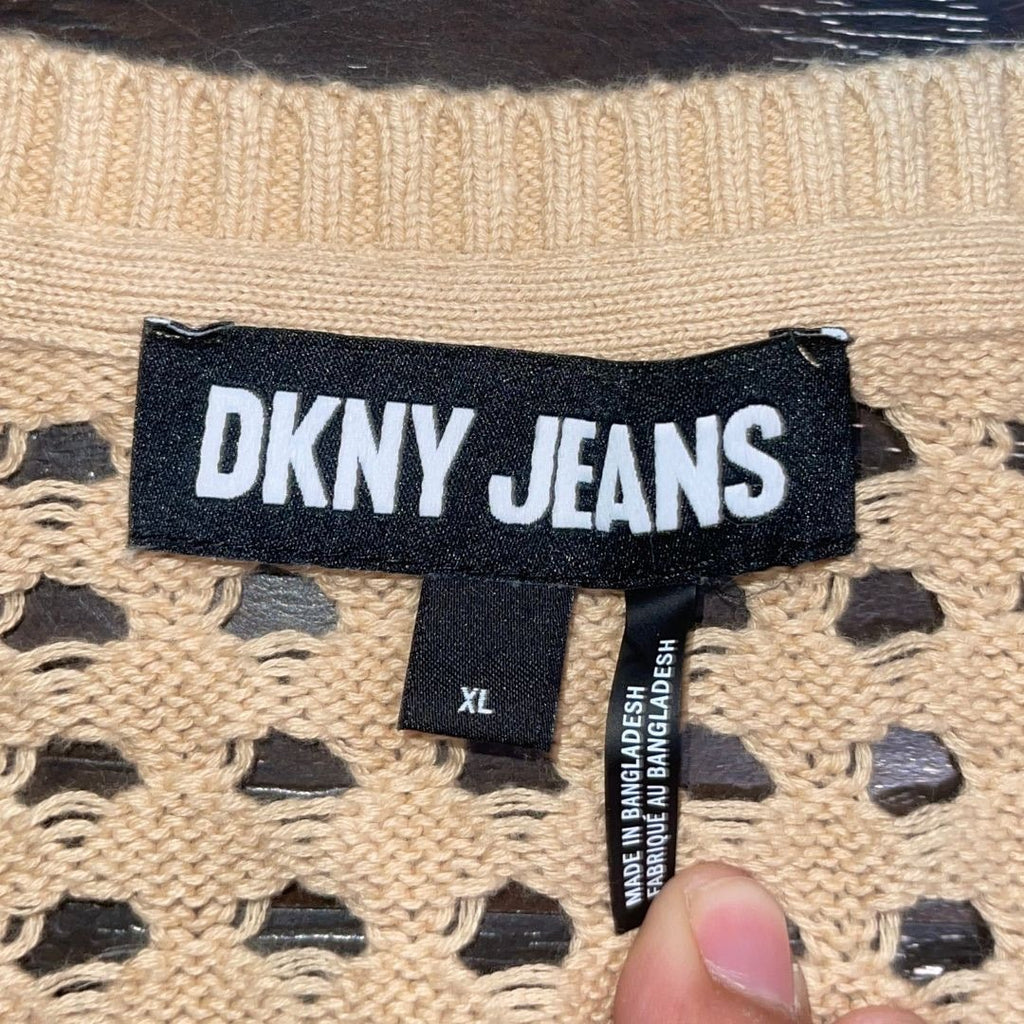 DKNY Jeans Open Stitch V-Neck Lightweight Sweater Size XL Casual Relaxed Crochet