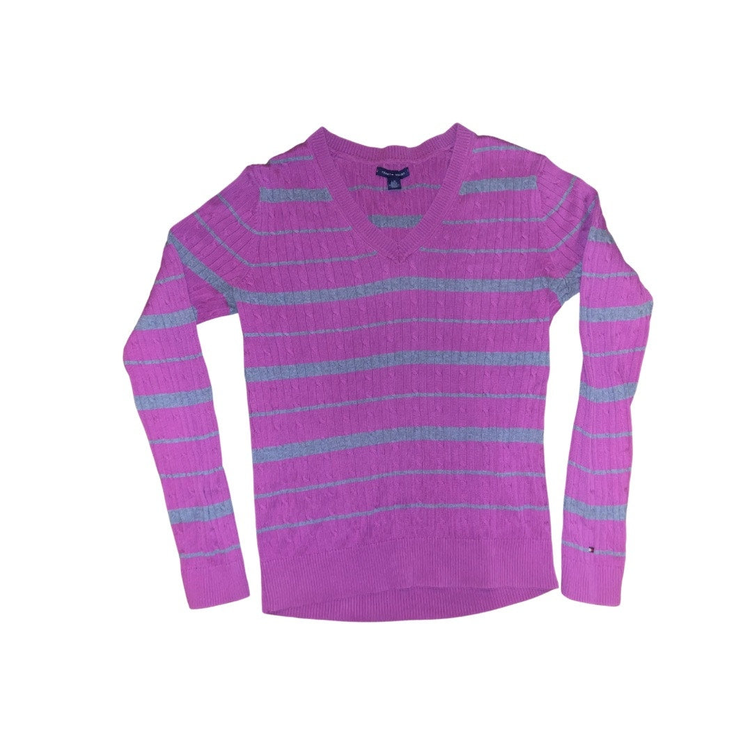Tommy Hilfiger sweater Women size larger pink gray strip ribbed fitton cotton