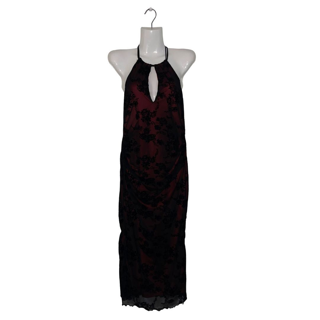 Shein Halter Style High Neck Gothic Lace Gown Dress Floral Overlay Crushed Velvet