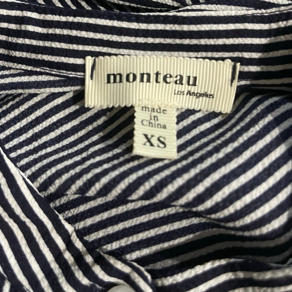 Monteau Navy White Striped Flutter Sleeve Dress Tie Waist XS Nautical Coastal