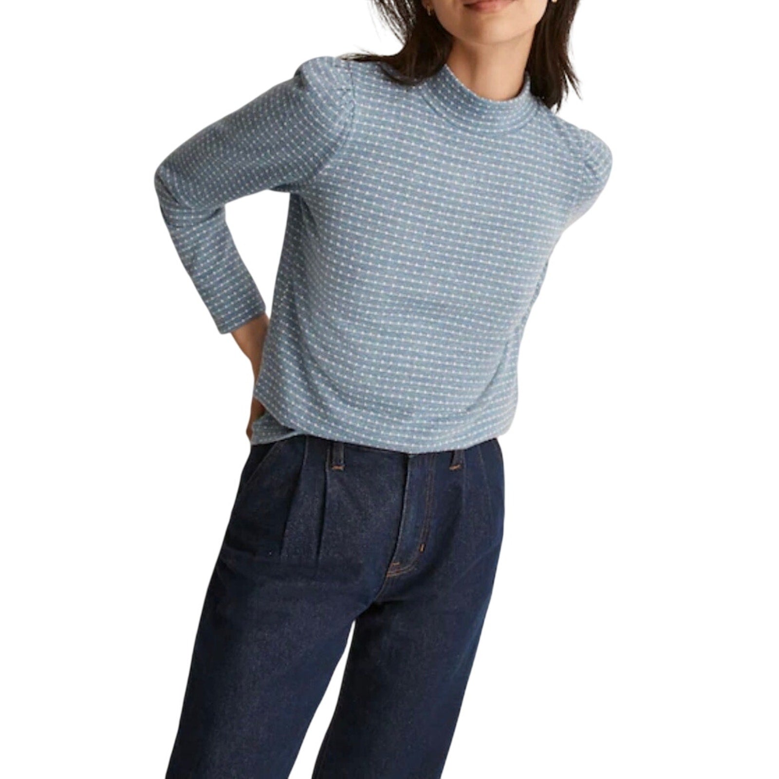 Madewell Jacquard Puff Sleeve Mockneck Top SZ M Texture Knit Vintage Inspired