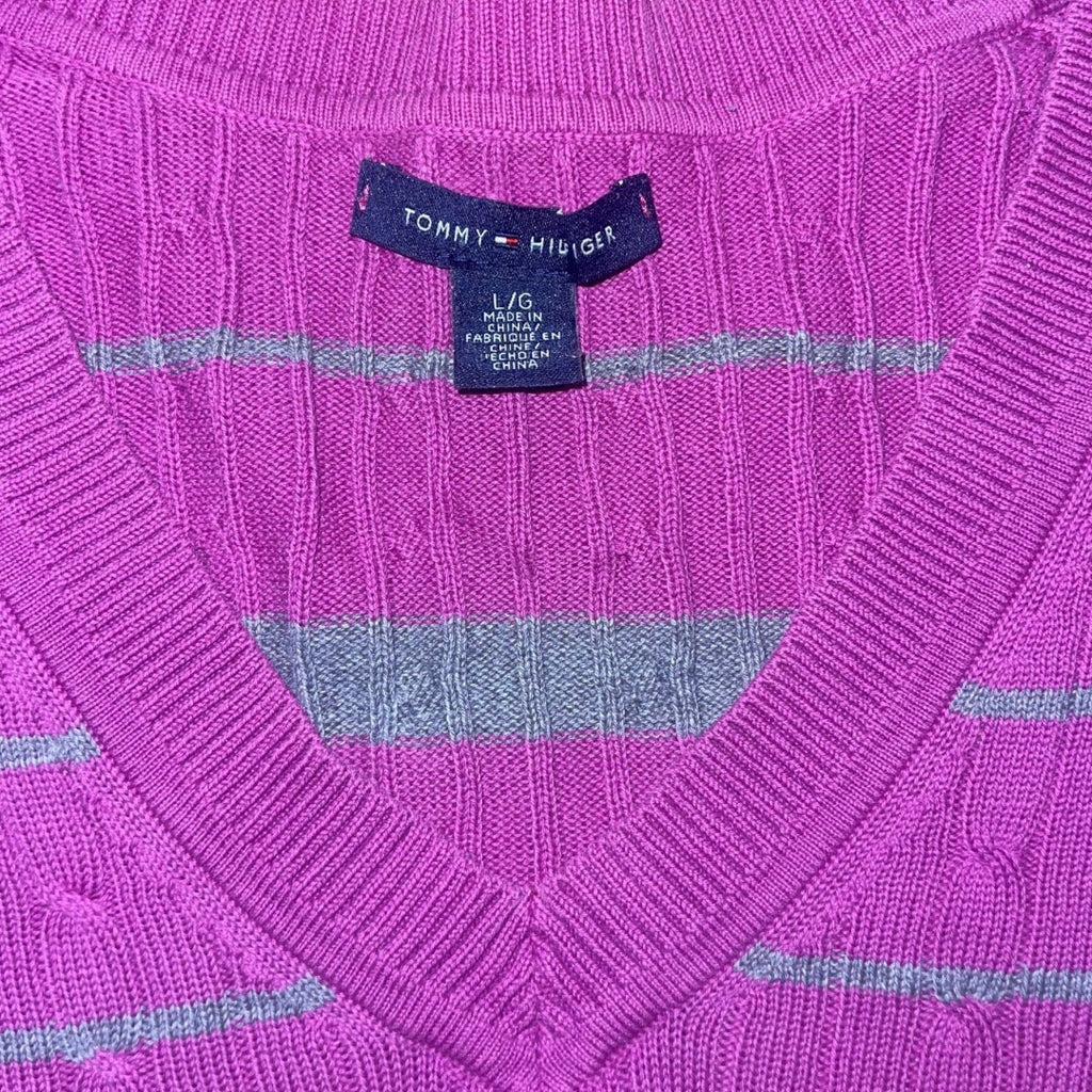 Tommy Hilfiger sweater Women size larger pink gray strip ribbed fitton cotton