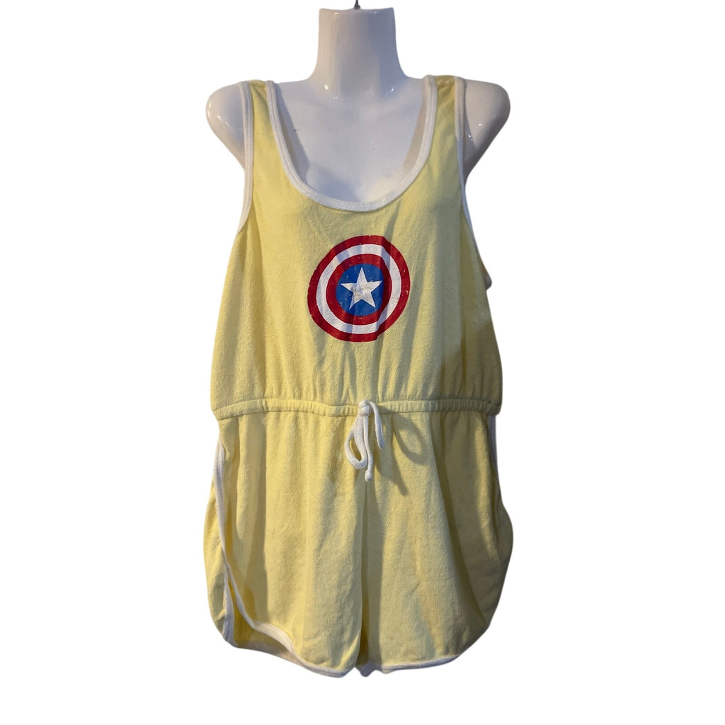 Marvel Graphic Captain America Yellow Terrycloth Romper Shorts SZ XL NWT Jumper