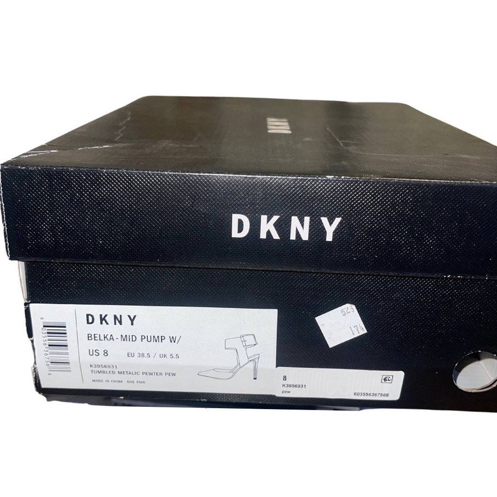 DKNY Belka Pointed Toe Pump Metallic Pewter Size 8 Ankle Strap 3.5 Stiletto Heel