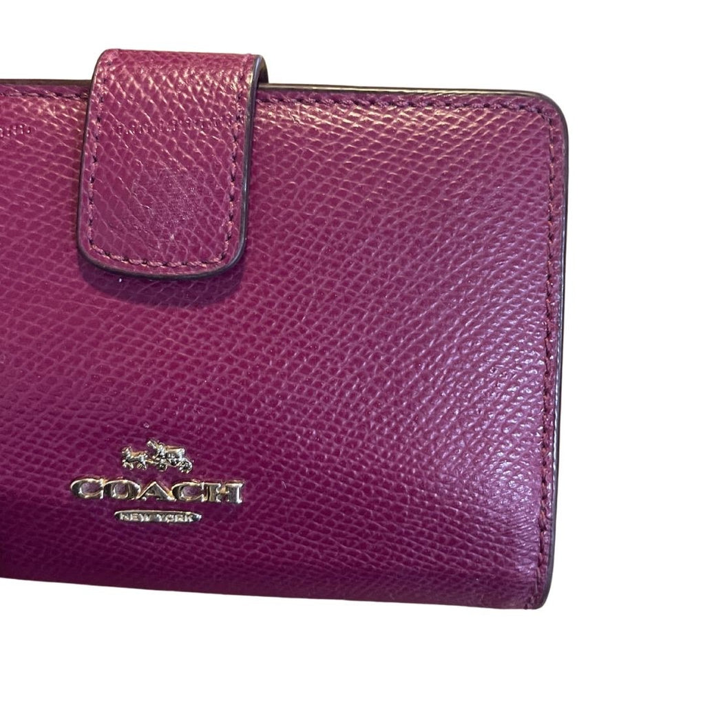 Coach Medium Corner Zip Coin Wallet Purple Plum Pebble Leather Compact Accessory