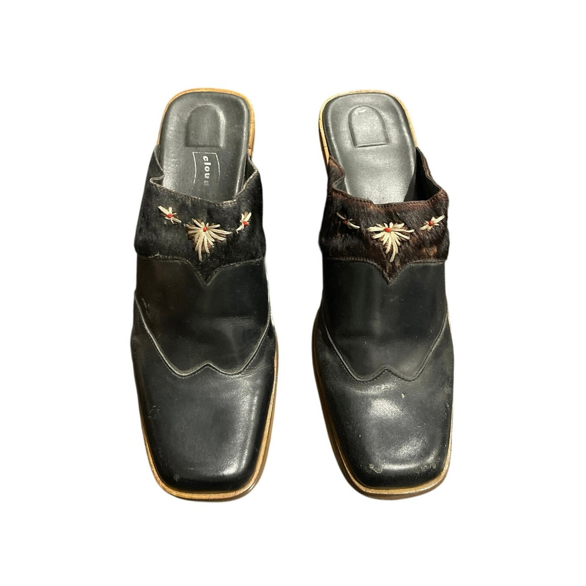 Cloudwalkers Planet Black Leather Embroidered Mules Calf Hair SZ 12 Y2K Western