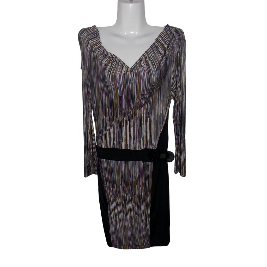 BCBGMAXAZRIA Cowl Neck Multicolor Striped Belted Midi Dress SZ S Retro Groovy