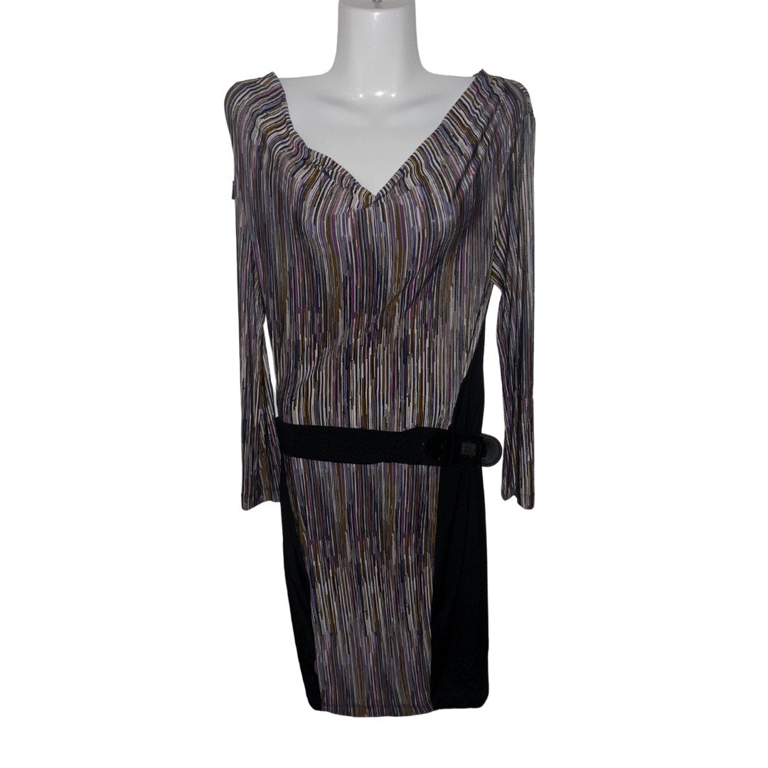 BCBGMAXAZRIA Cowl Neck Multicolor Striped Belted Midi Dress SZ S Retro Groovy