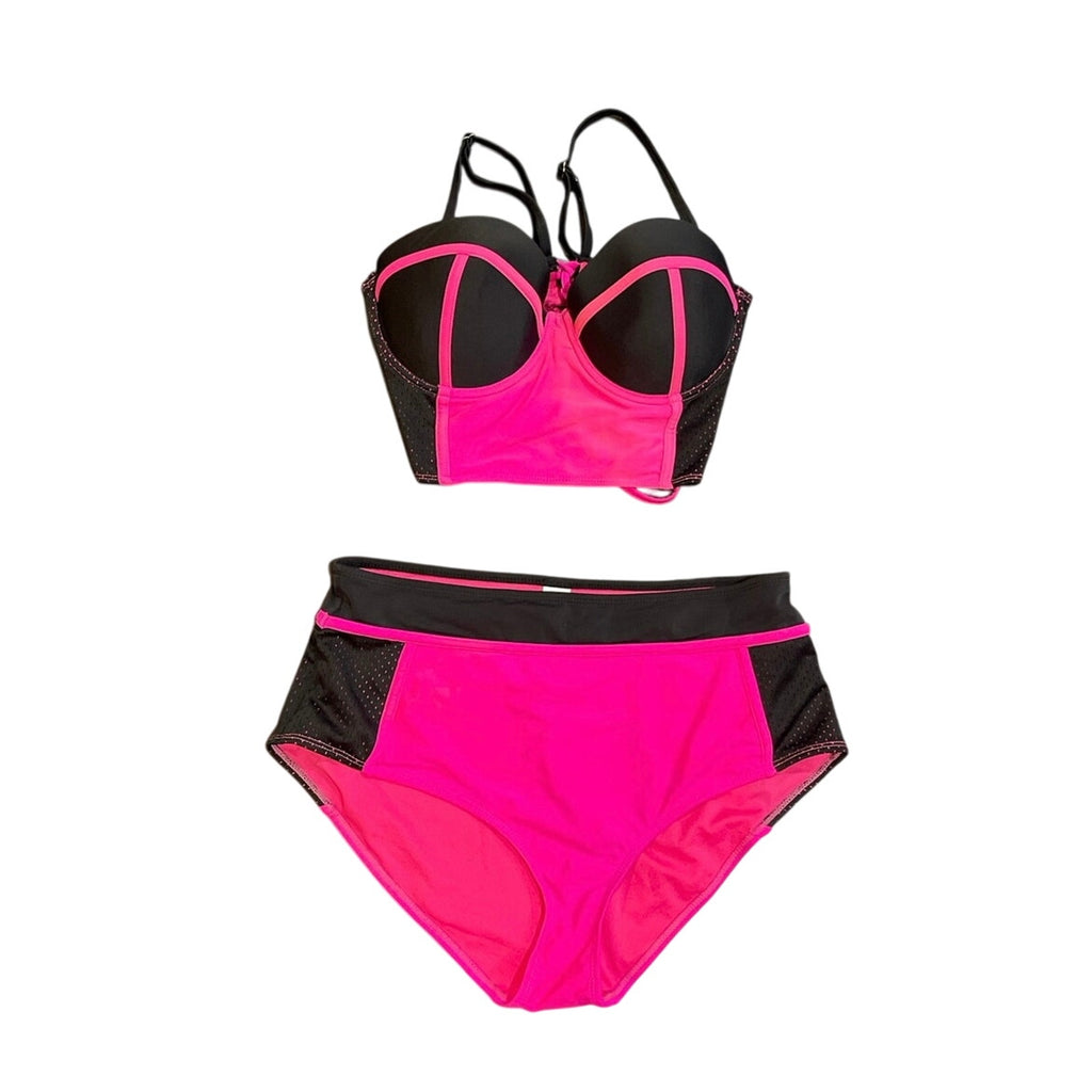 Bongo Hot Pink Color-block Mesh High Waisted Bikini Set XL Sporty Beach Swimwear