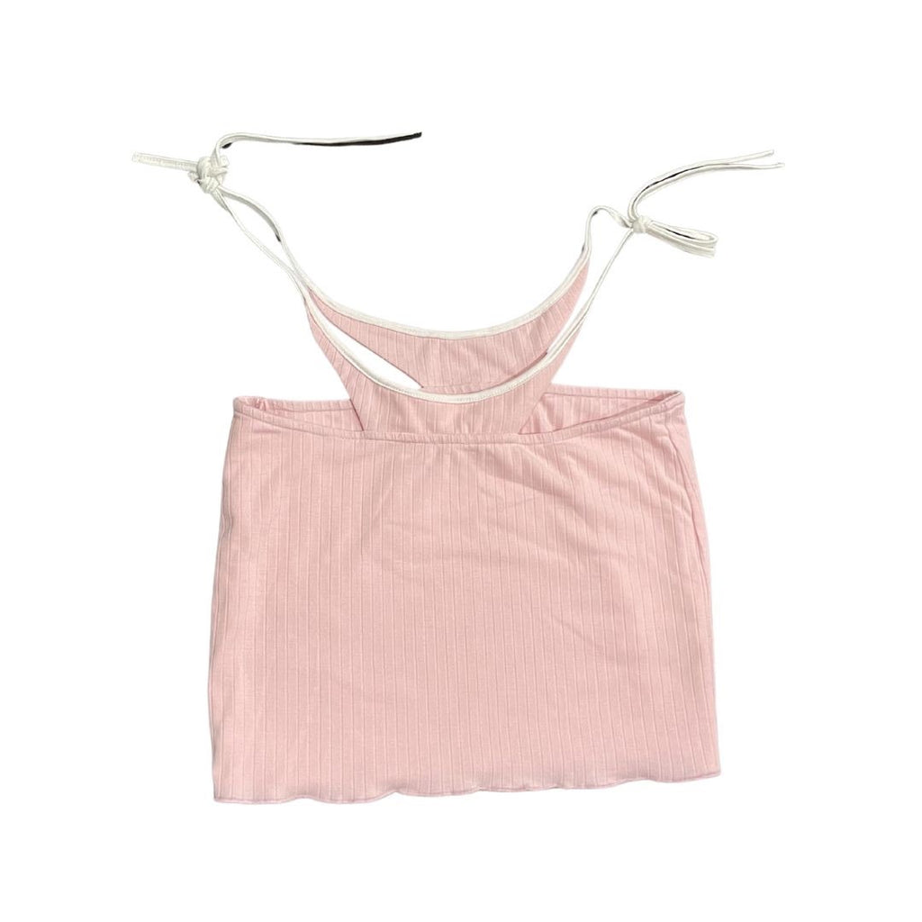 New Pink Ribbed Crop Top Spaghetti Straps Halter Size Small Y2K Flirty Girly