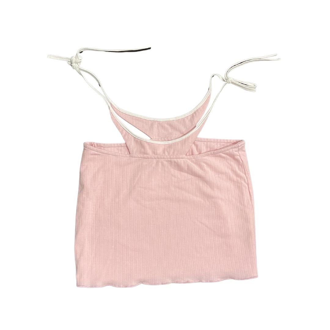 New Pink Ribbed Crop Top Spaghetti Straps Halter Size Small Y2K Flirty Girly
