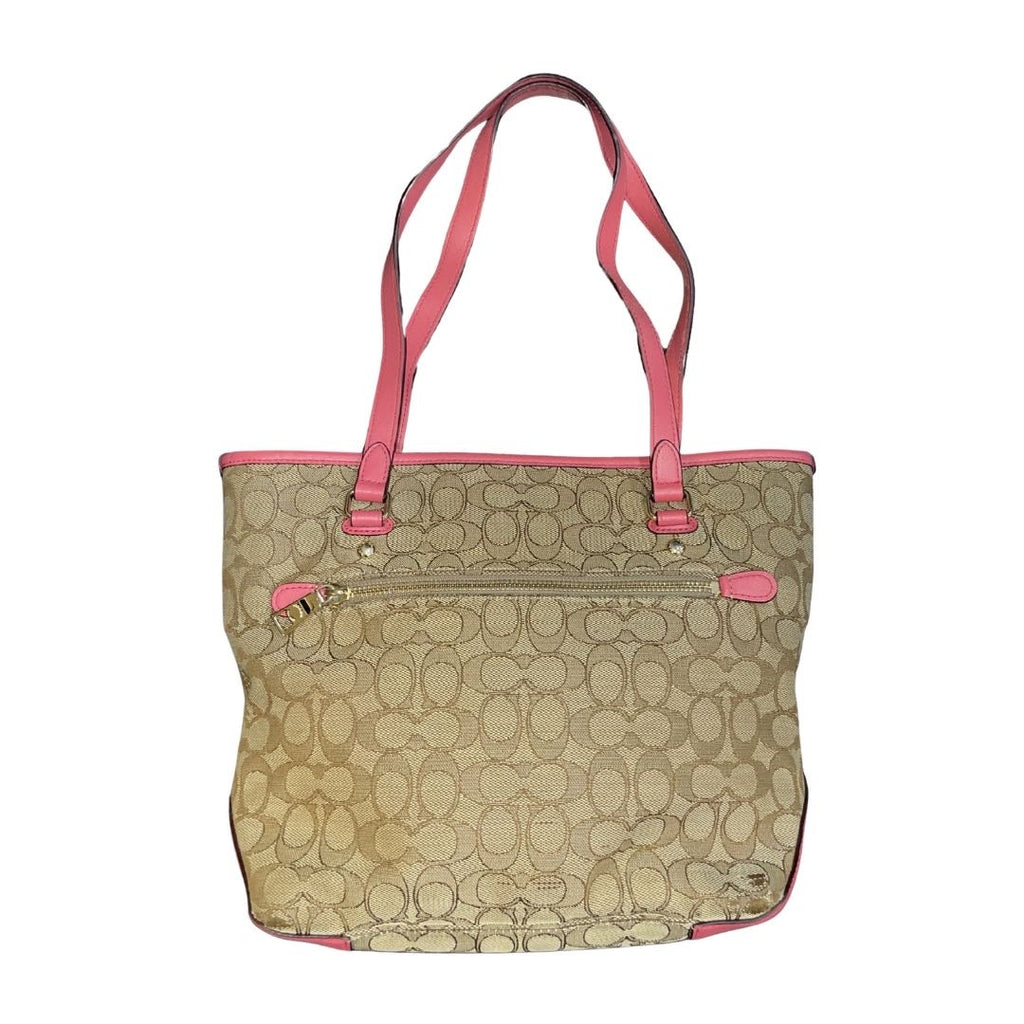 Coach Outline Signature Zip Top Tote Shoulder Bag Pink Leather Trim F58282 Y2K