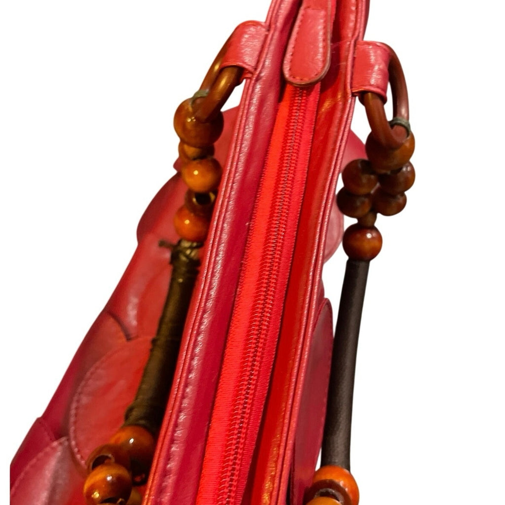 Stylish Red Faux Leather Vinyl Handbag Wooden Beaded Handle Boho Indie Arsty