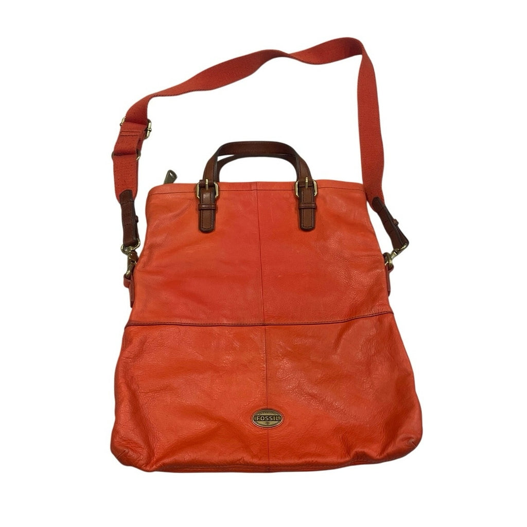 Fossil Orange Leather Explorer Foldover Convertible Tote Crossbody Bag Vintage