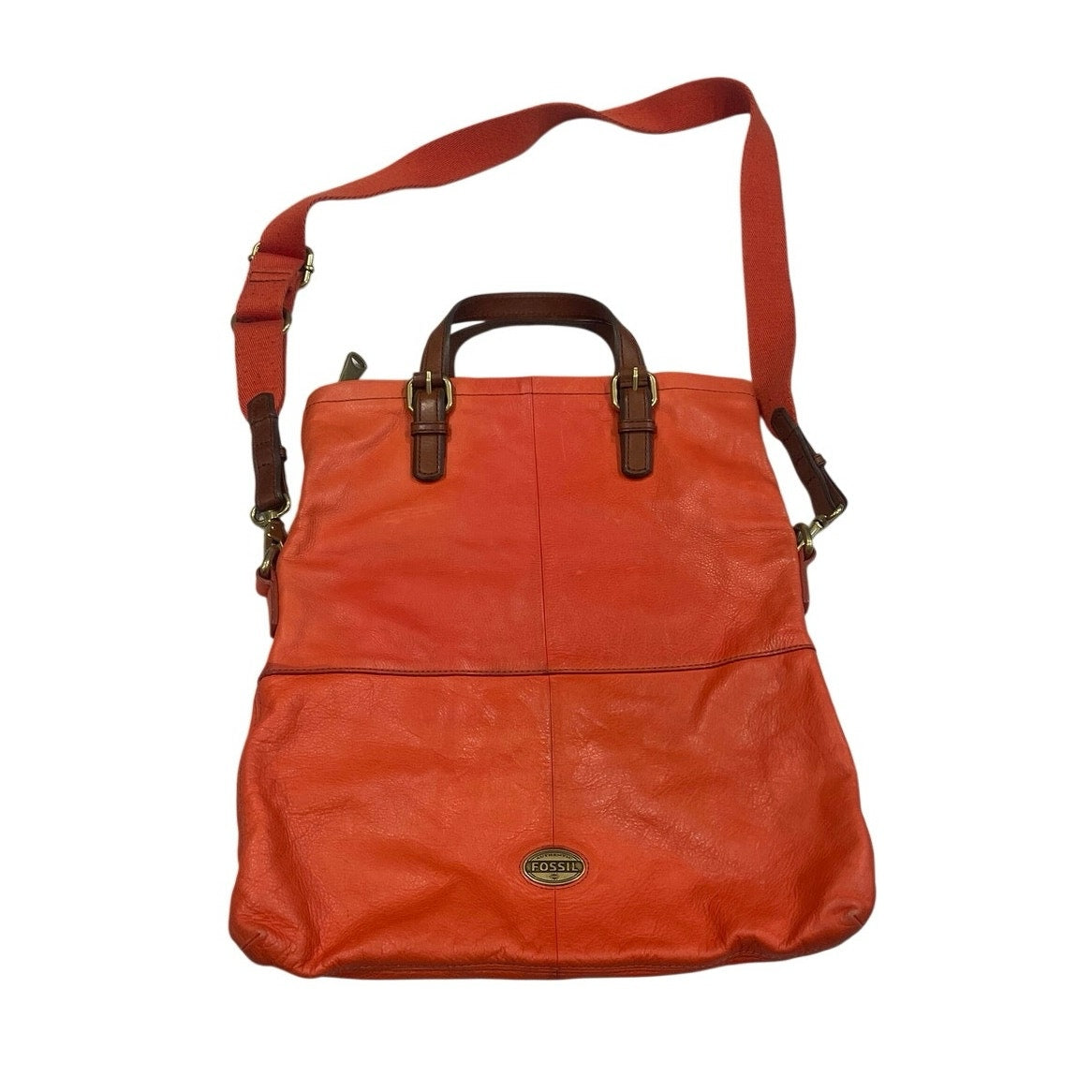 Fossil Orange Leather Explorer Foldover Convertible Tote Crossbody Bag Vintage