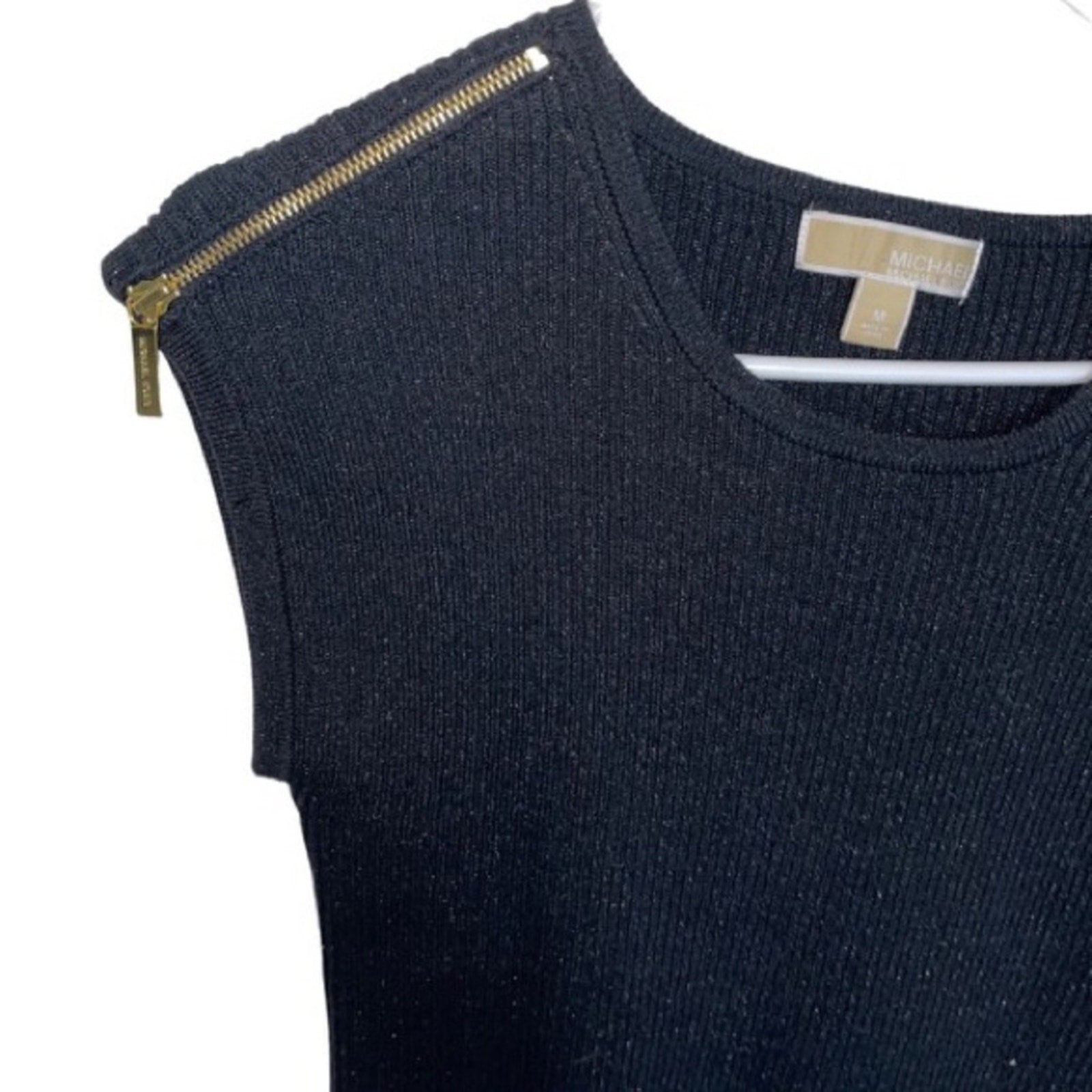 Michael Kors Black Shimmer Knit Sweater Short Sleeve zip shoulder Size Medium