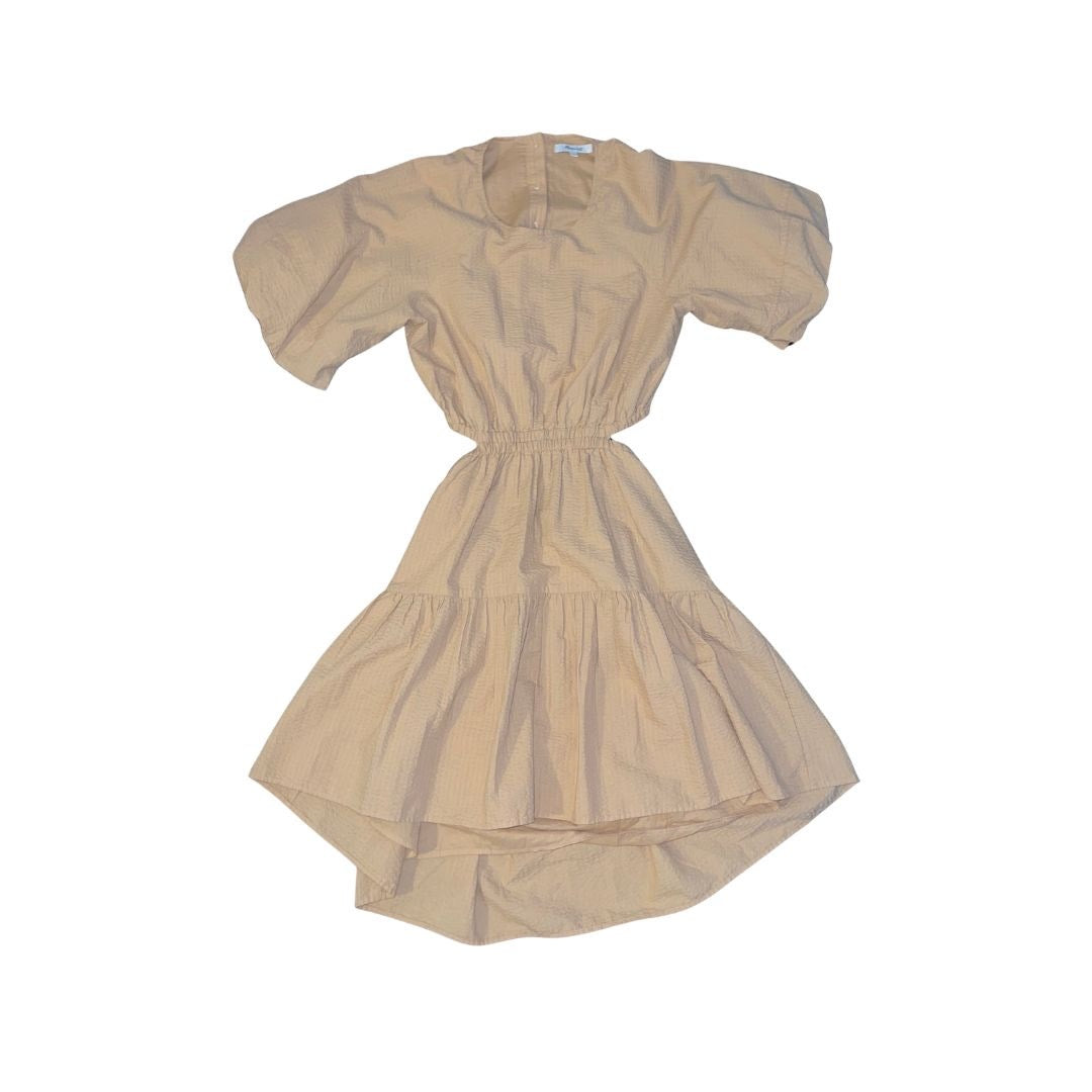 Madewell Seersucker Puff Sleeve Cutout Mini Dress Khaki Boho Size Small