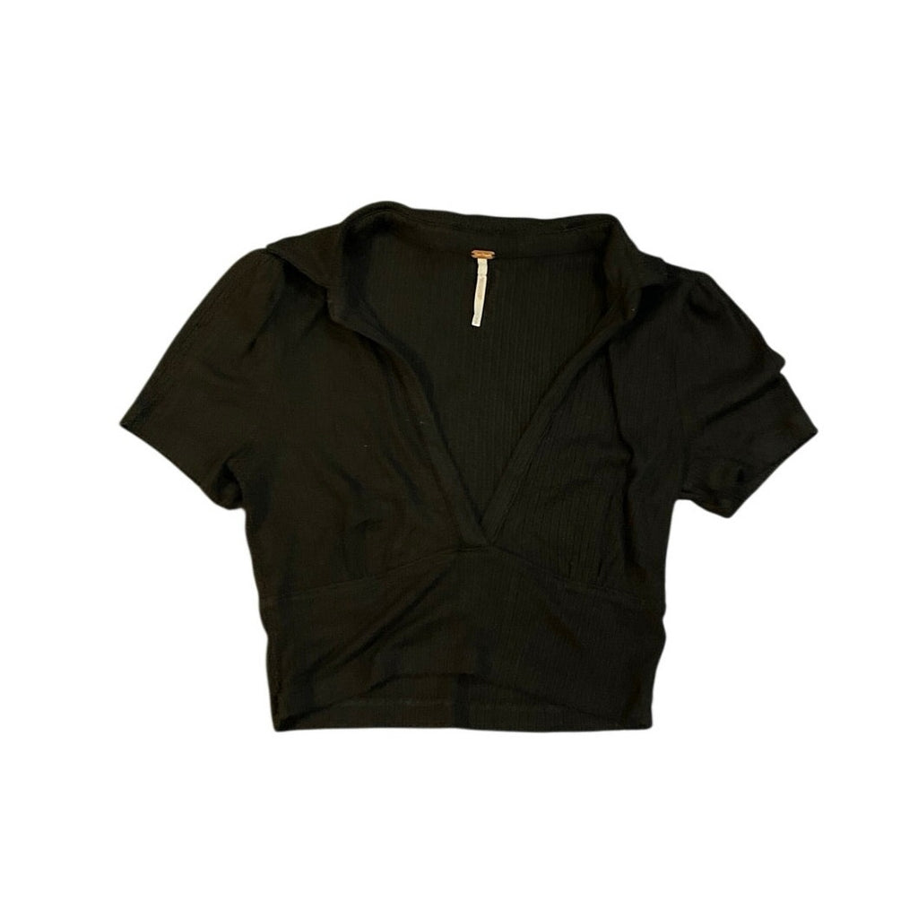 Free People Black Ribbed Knit Crop Top SZ S Y2K Trendy Casual Streetwear