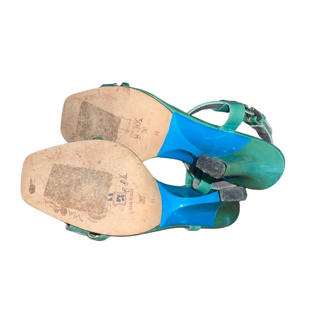 Via Spiga Teal Blue Green T Strap heel sandals open toe patent leather size 10