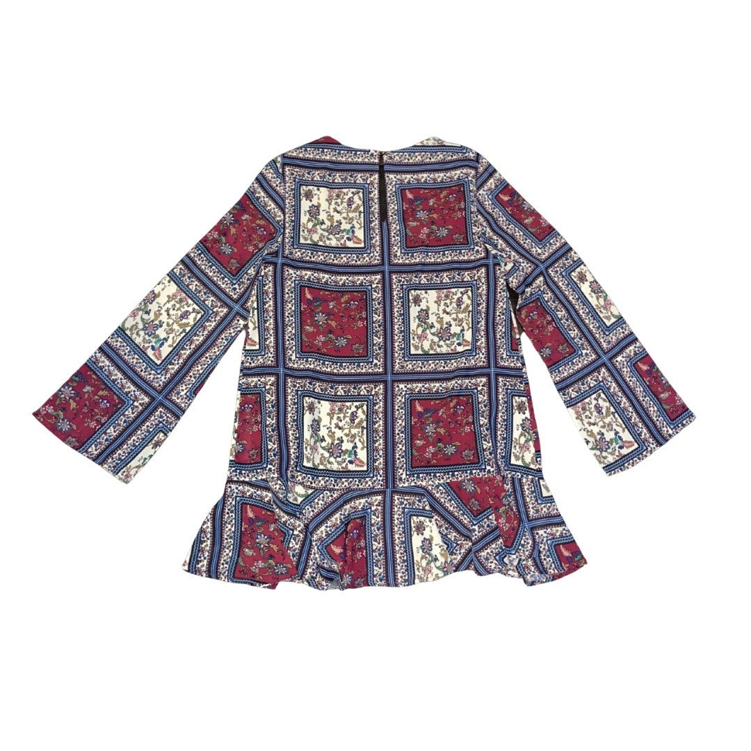 Lulus Cream & Plum Multi Print Patchwork Long Sleeve Shift Dress Boho Festival Size Small