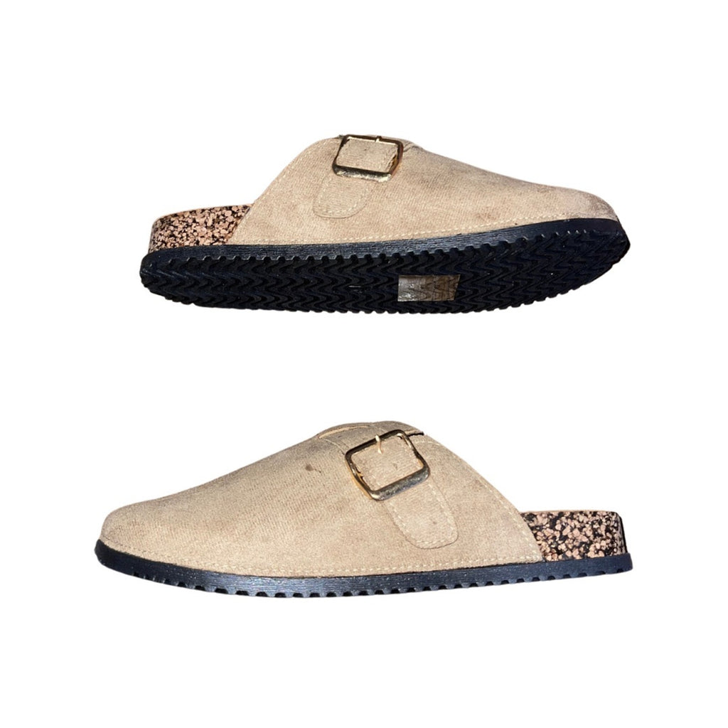 Wild Diva Slip on Mules Cork like Sole adjustable buckle faux suede  NWT Size 9