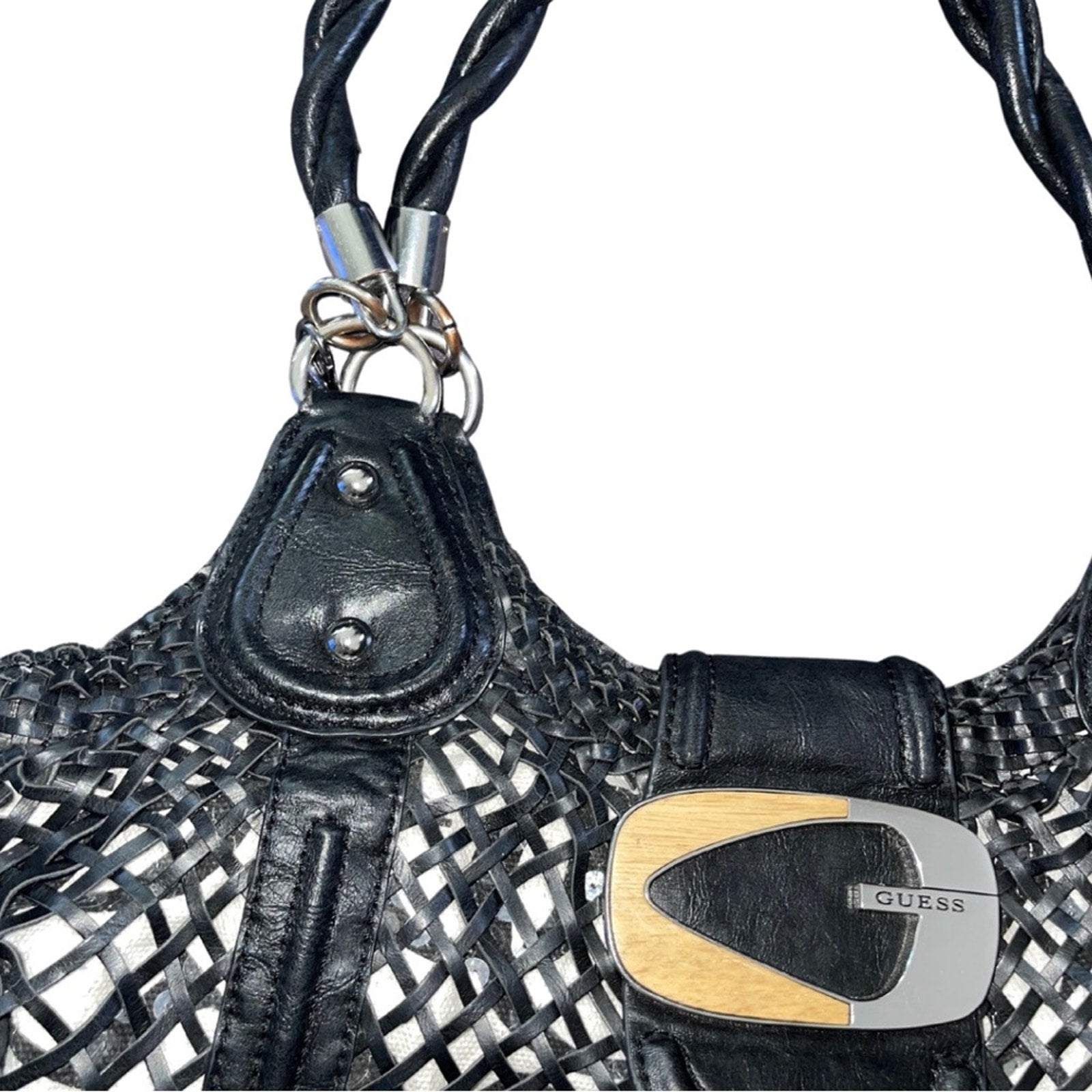 Guess Boho Netted Mesh Black Shoulder Bag Purse Buckle