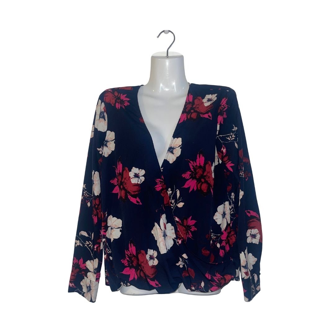 A New Day Floral Long Sleeve Faux Wrap Blouse Size Medium Career Office Casual
