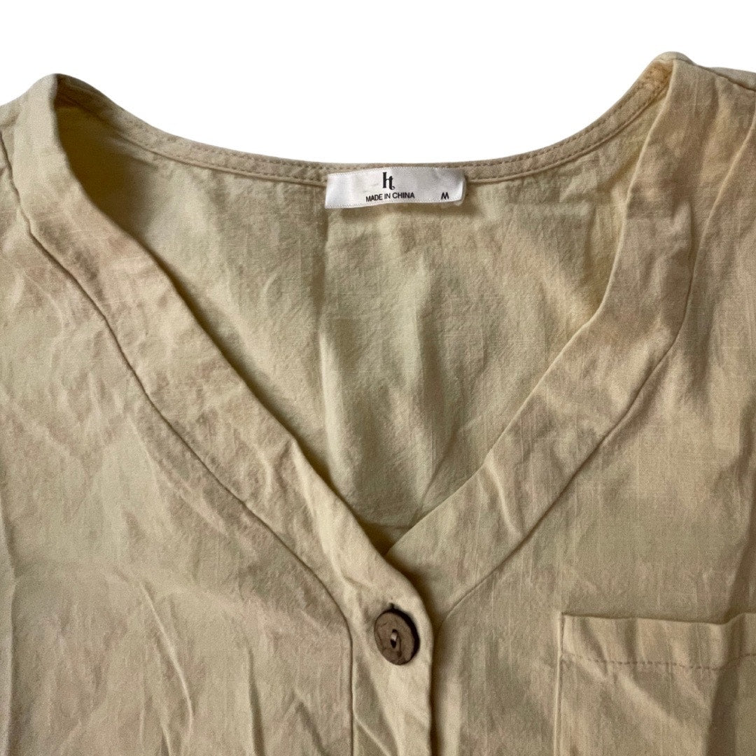 HOTOUCH Women Button Down Dress Ruffle Hem Short Sleeve Lagenlook Size M