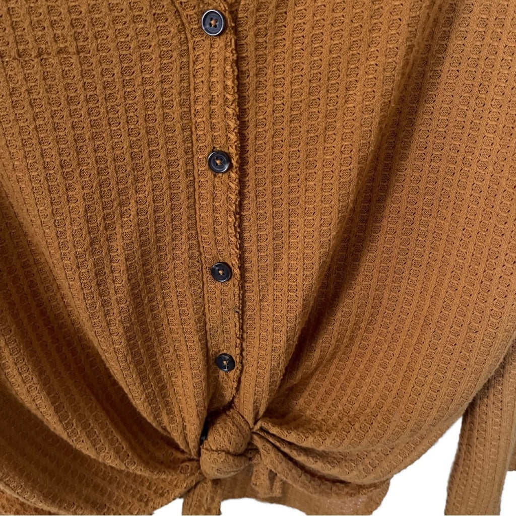 Forever 21 waffle v-neck button up tie blouse top Size Small Casual oversized