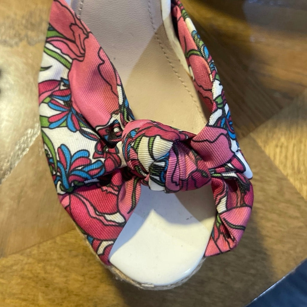 Joan & David Sharone Pink Floral Espadrille Wedge Platform Sandals SZ 7 Peep Toe