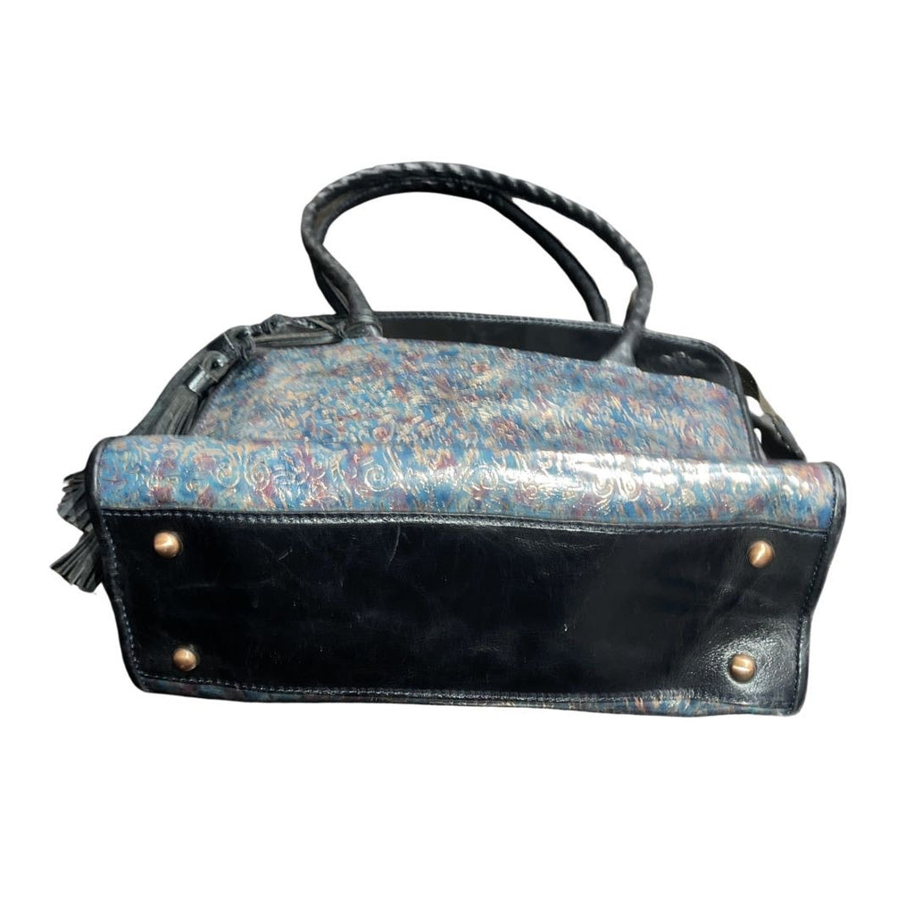 Patricia Nash Leather Shoulder Bag Metallic Blue Kimono Tapestry Tassel Artsy