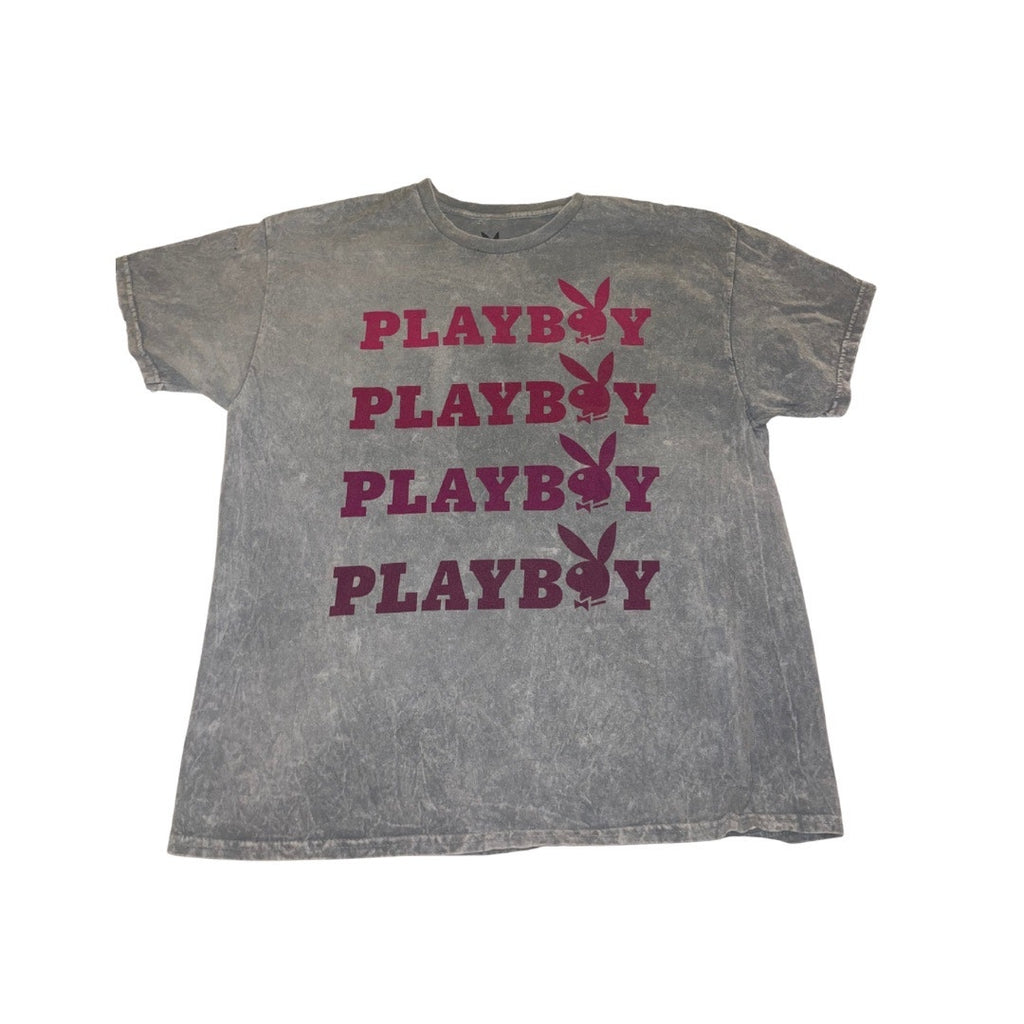 Playboy Bunny Unisex Distressed 100% Cotton T-Shirt Gray Pink Graphic Size XL