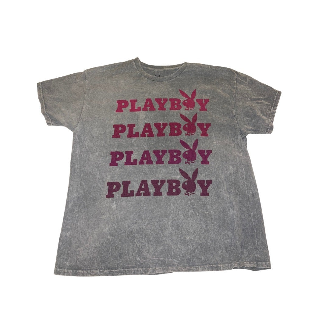 Playboy Bunny Unisex Distressed 100% Cotton T-Shirt Gray Pink Graphic Size XL