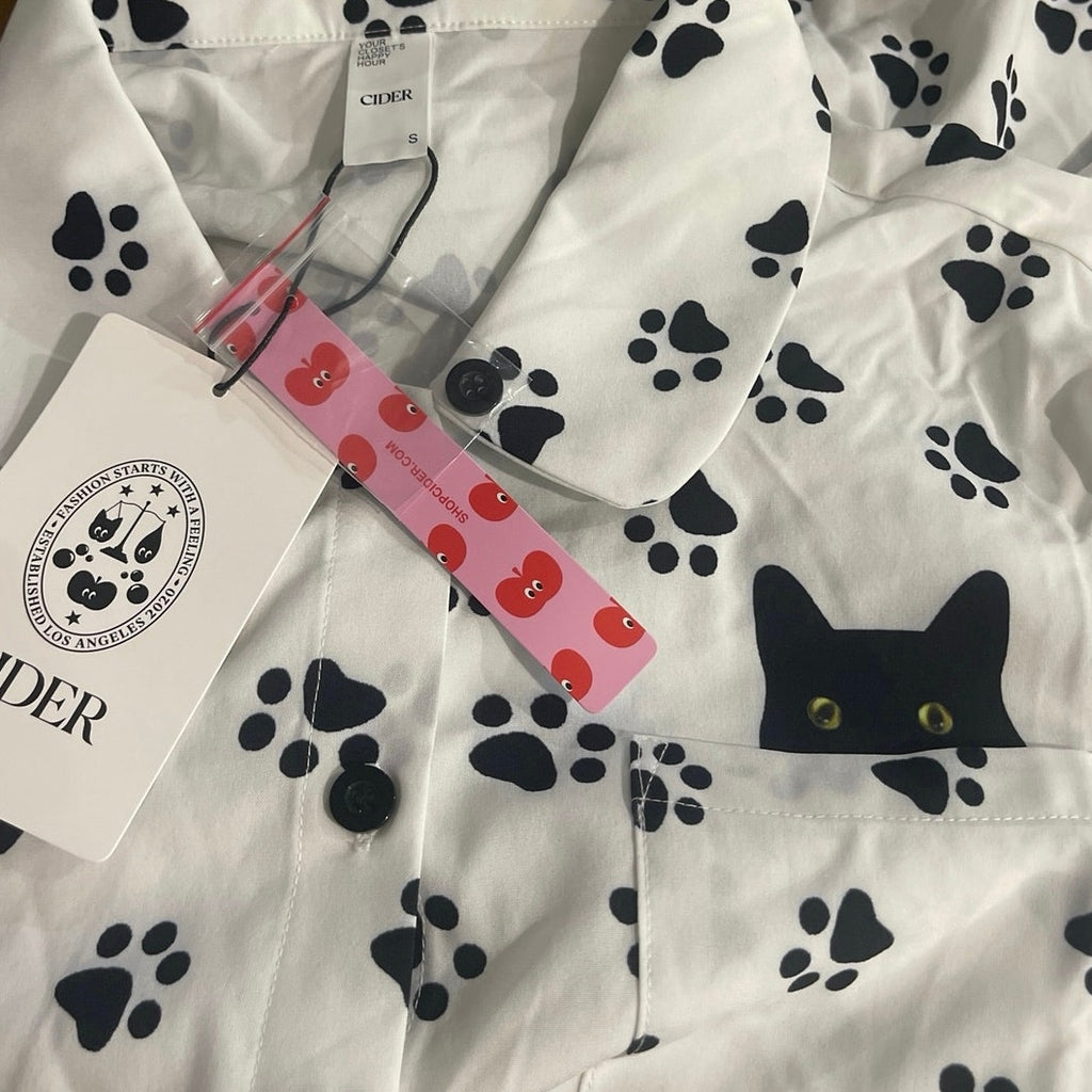 Cider Two Piece Loungewear Pajama Set SZ S Cat Paw Novelty Print Sleepwear NWT