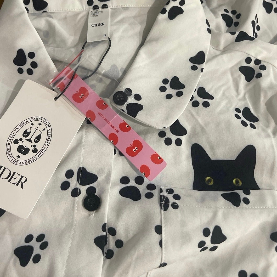 Cider Two Piece Loungewear Pajama Set SZ S Cat Paw Novelty Print Sleepwear NWT