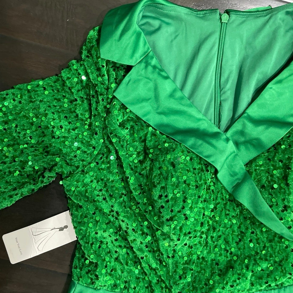 Emerald Green Sequined Formal Gown Dress Wide Collar A-Line Maxi Wicket Costume