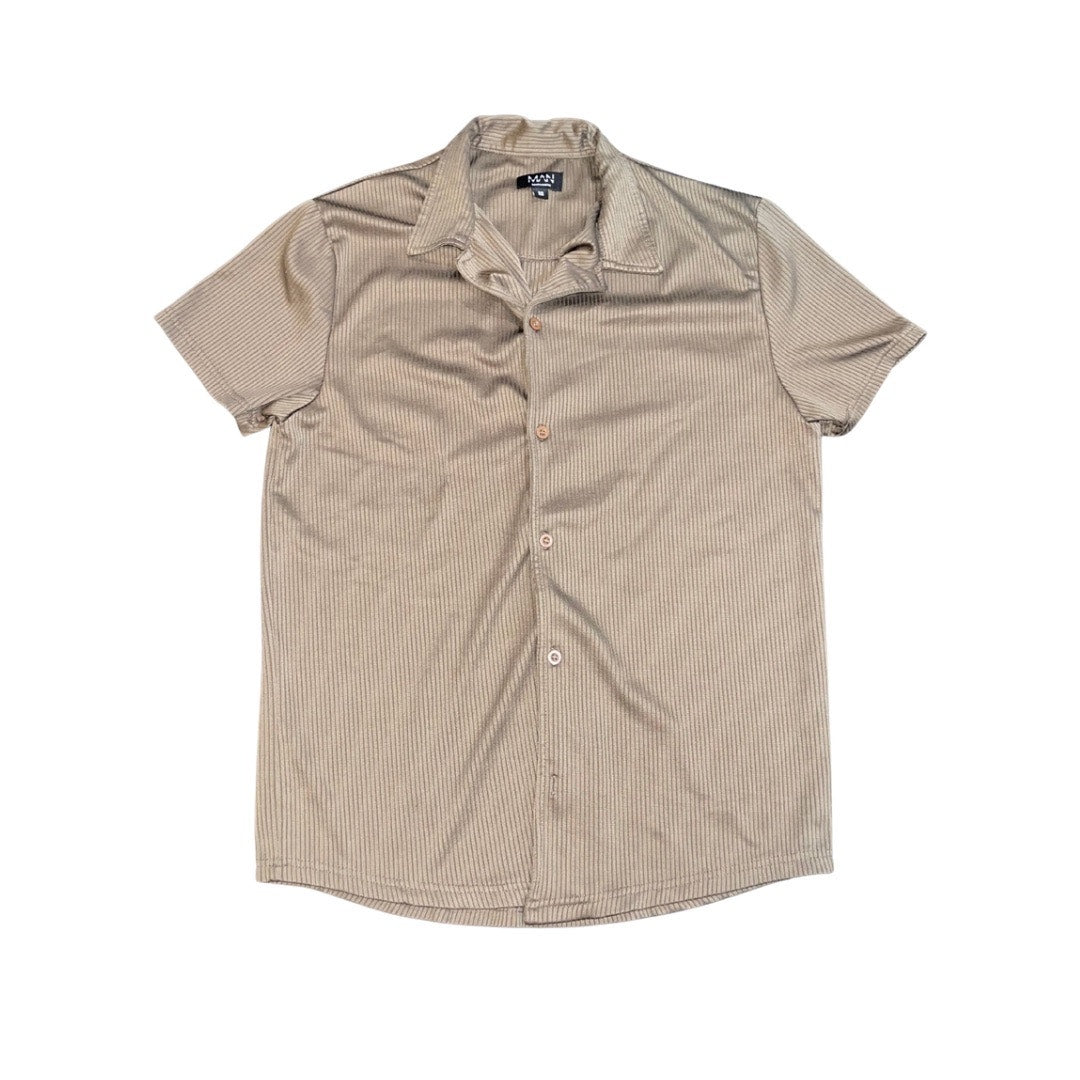 Boohoo Man Ribbed Button Down Short Sleeve Shirt Size Medium Retro