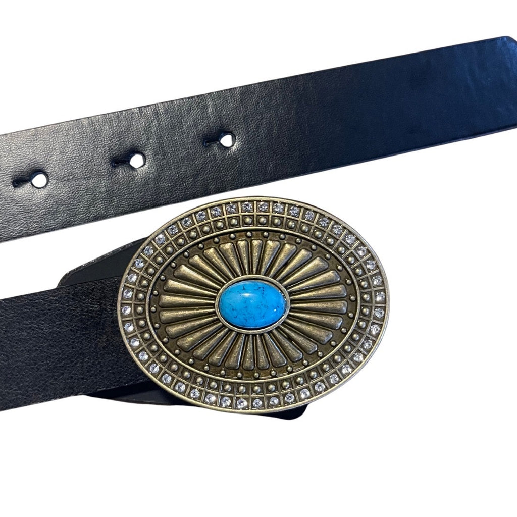 Western Style Faux Leather Belt Turquoise Accents Oval Buckle Cowgirl Rodeo NWT