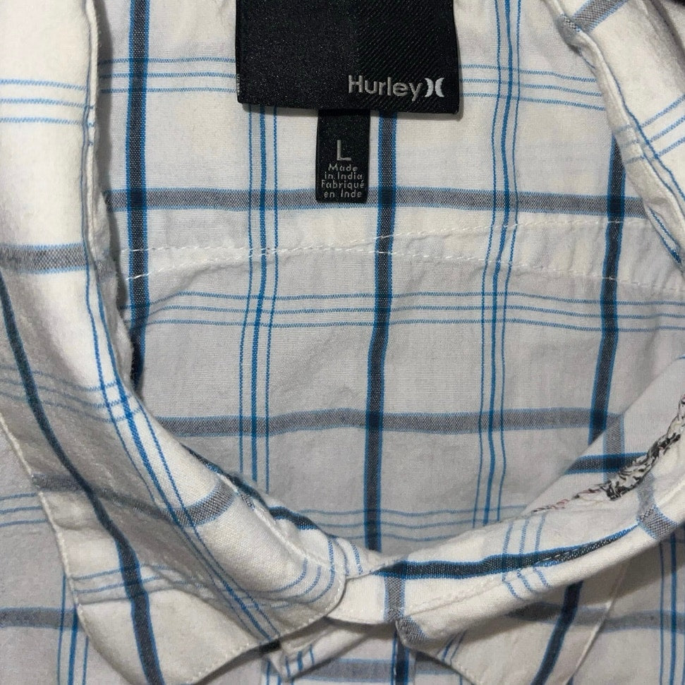 Hurley Men's White Blue Plaid Short Sleeve Pocket Shirt Size L
