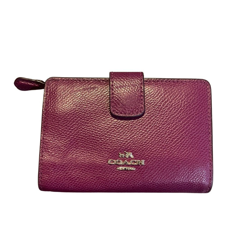Coach Medium Corner Zip Coin Wallet Purple Plum Pebble Leather Compact Accessory