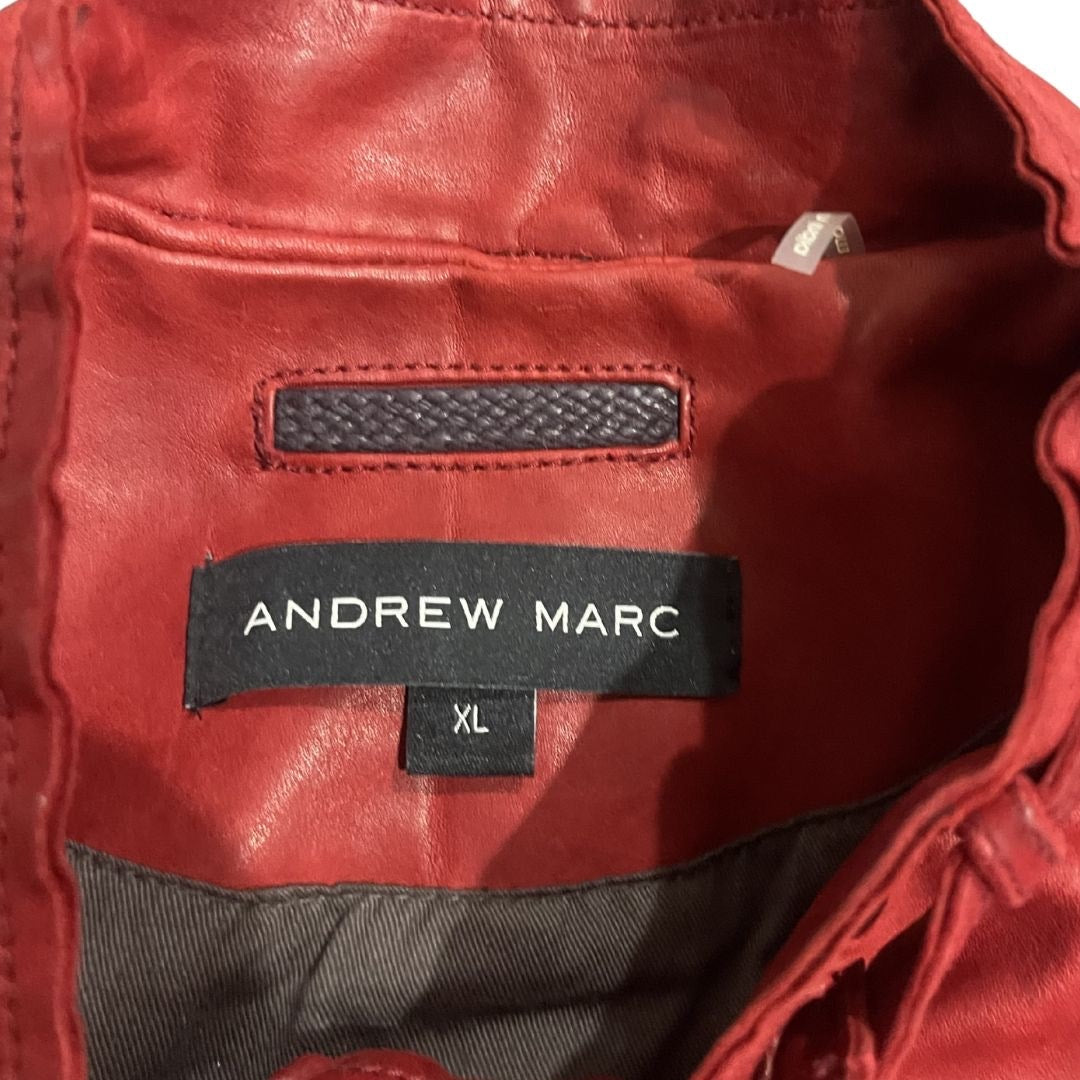 Andrew Marc Women Red Leather Fitted Moto Jacket Size XL Biker Vintage Aviator