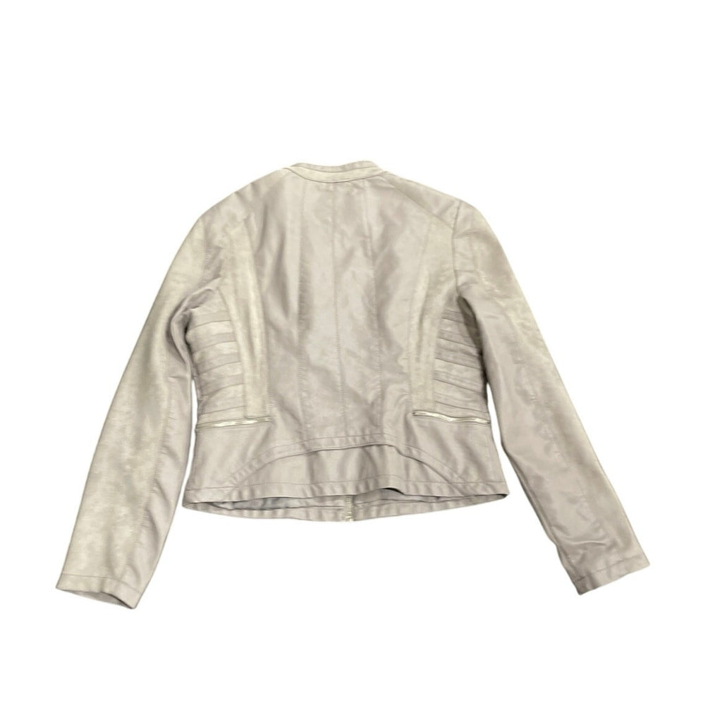LA Coalition Gray Vegan Faux Leather Full Front Zip Moto Jacket SZ L Edgy Chic